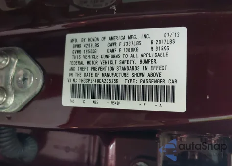 2012 Honda Accord 2.4 Lx-P из США, поврежденный, VIN 1HGCP2F48CA205256